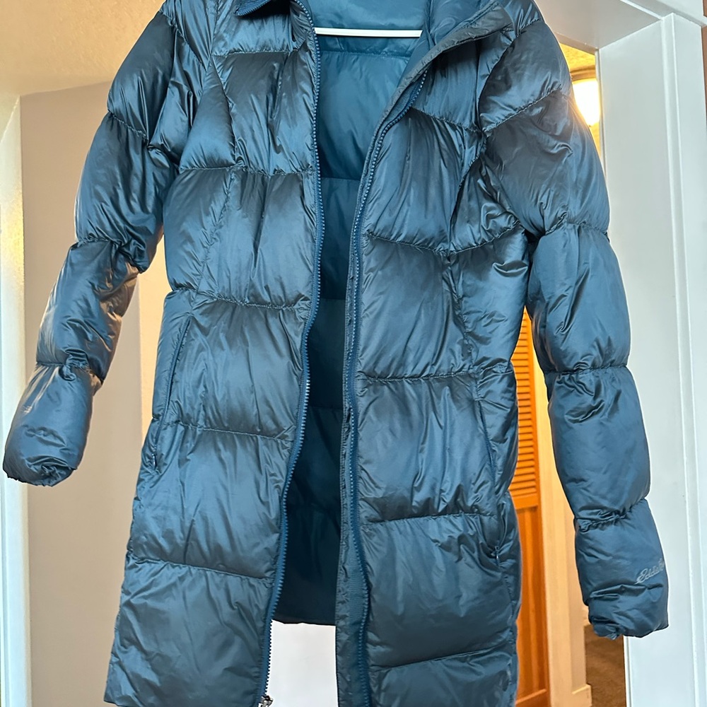 Eddie Bauer Blue Quilted Puffer Coat with High Collar